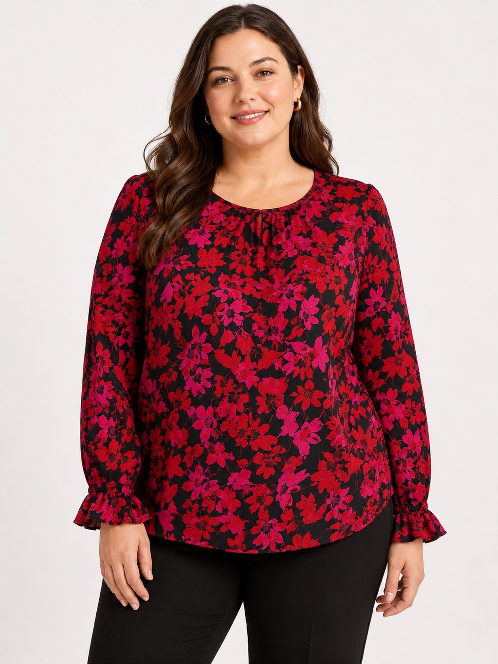 J.Crew Factory 2X Black Pink Floral Ruffle Cuff Blouse Plus Size